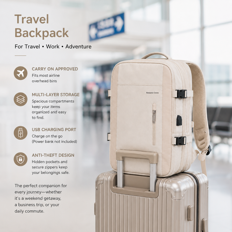 Large Capacity Expandable Carry-On Travel Backpack with USB Port and Luggage Sleeve