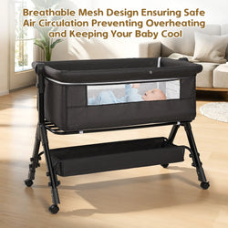3 in 1 Baby Bassinet Bedside Sleeper with Wheels, Mosquito Net, Foldable Crib, Dark Grey