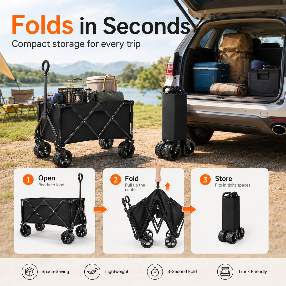 Heavy Duty Wagons Carts Foldable, Collapsible Wagon with Big Wheels for Sand & Cup Holders for Camping Garden Sports Grocery