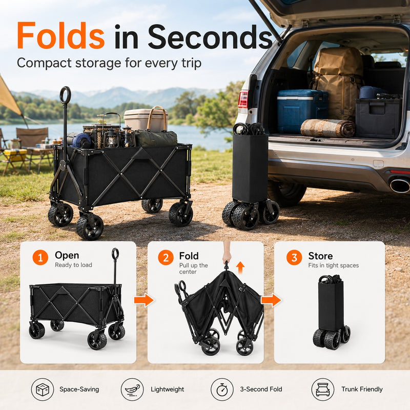 Heavy Duty Wagons Carts Foldable, Collapsible Wagon with Big Wheels for Sand & Cup Holders for Camping Garden Sports Grocery