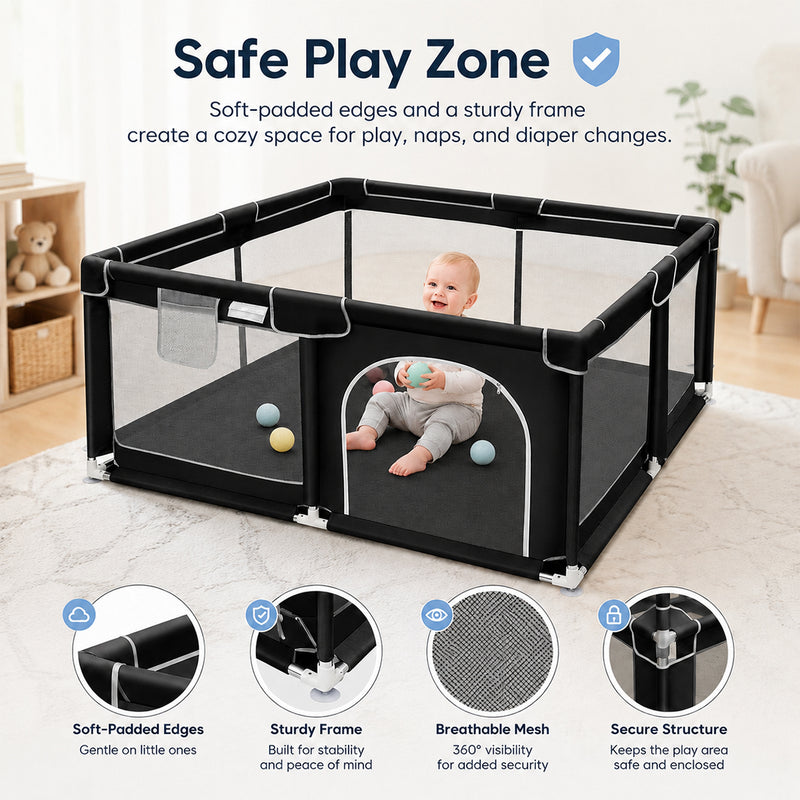 Soft-Padded Baby Playpen With Mat, Sturdy And Safe Playpen With Soft, Breathable Mesh Fabric, Suitable For Indoor And Outdoor Use, Portable And Removable Baby Playpen, Suitable For Infants And Toddlers, Essential For Babies.