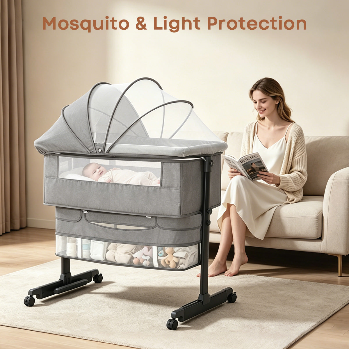 Kmaier Baby Bassinet 3 in 1 Foldable Portable Crib,6 Adjustable Height,with Wheels,Baby Bassinet Rocking-Dark Grey