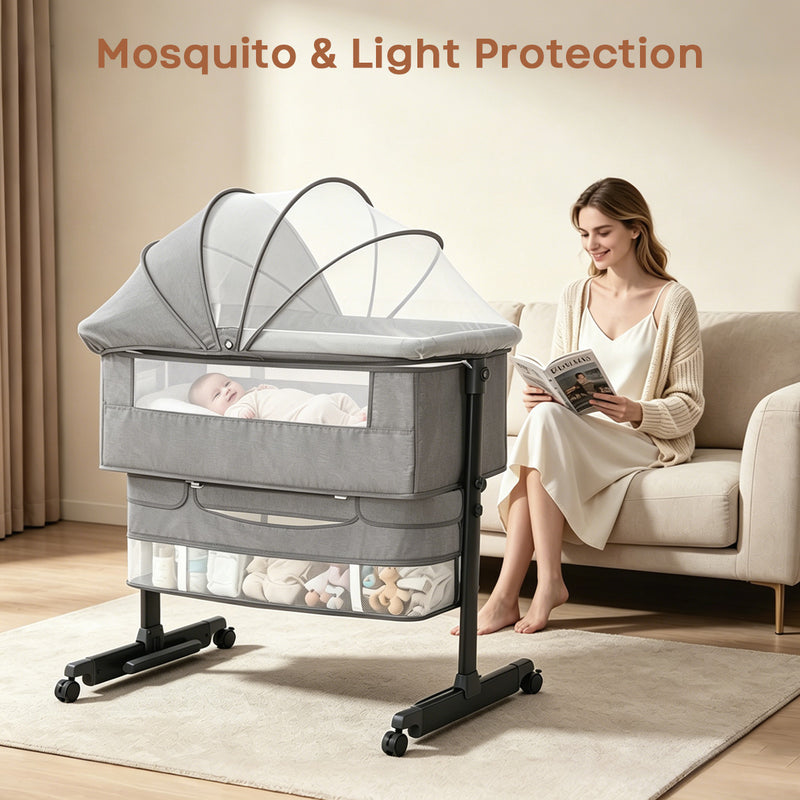 Kmaier Baby Bassinet 3 in 1 Foldable Portable Crib,6 Adjustable Height,with Wheels,Baby Bassinet Rocking-Dark Grey