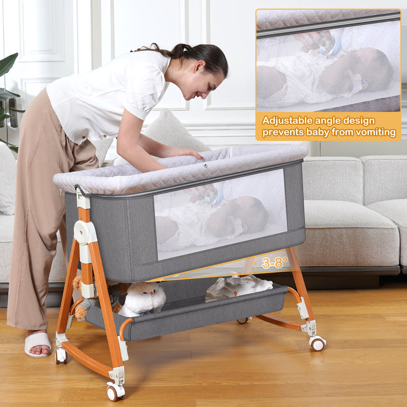 Baby Bassinet Bedside Sleeper, 6 Heights, Cradle Mode, Wheels, Foldable Crib with Mattress