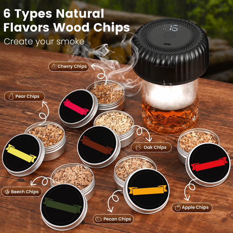 Cocktail Smoker Kit w/ Torch & 6 Wood Chip Flavors for Whiskey & Bourbon