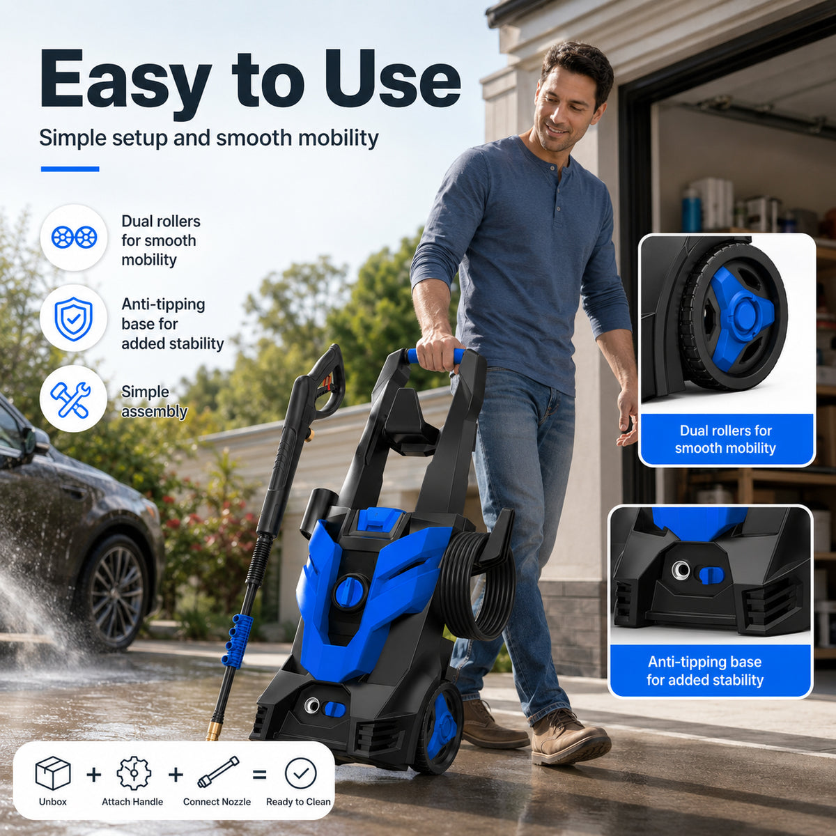Portable Electric Pressure Washer with 4 Quick-Connect Nozzles, Foam Cannon, Hose & Wheels