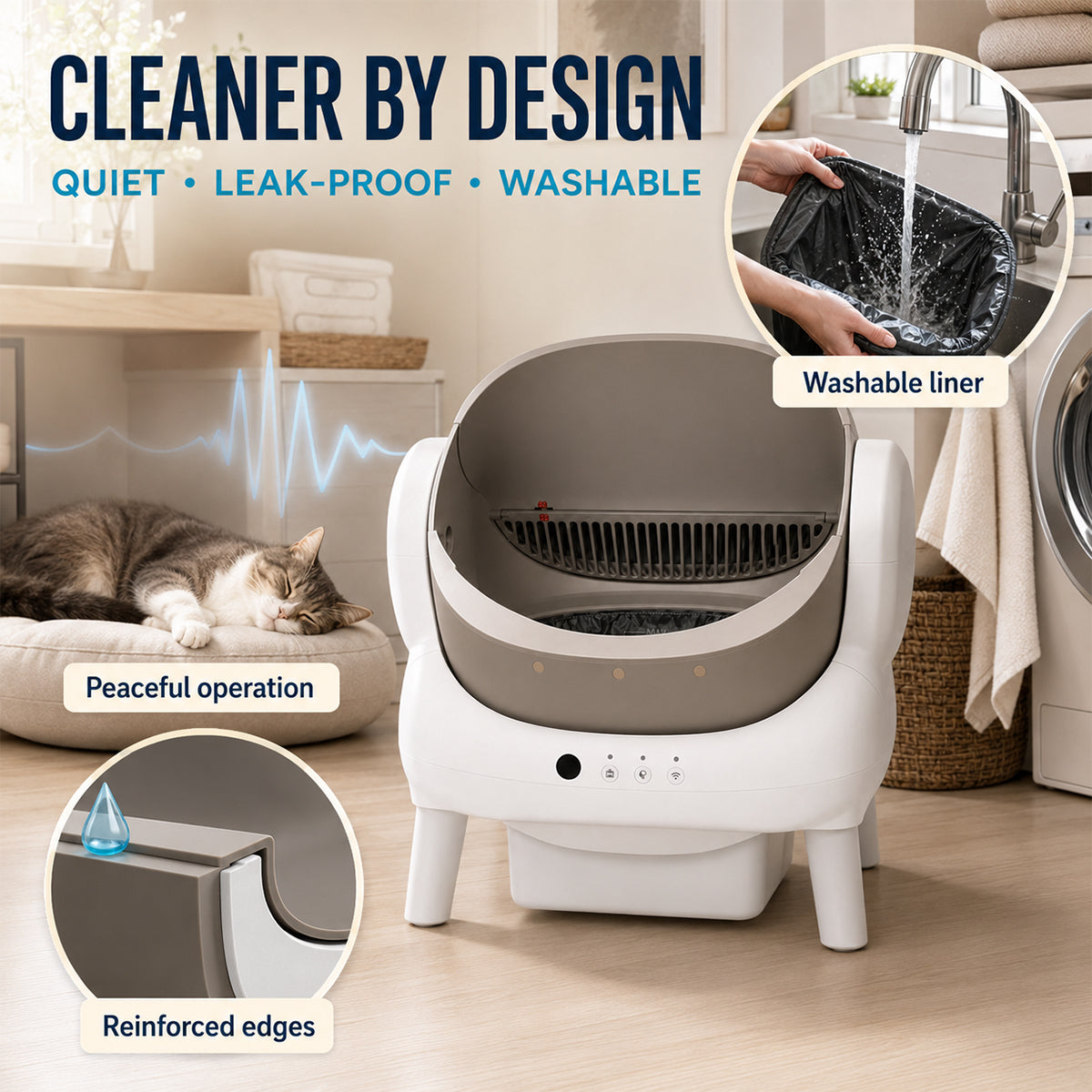 Open Top Self Cleaning Cat Litter Box with App Control, Safety Sensors and Odor Control