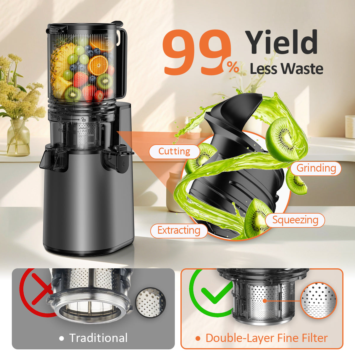 Cold Press Juicer, Juicer Machines with 5.4" Wide Feed Chute for Juice Extractor, Professional Slow Masticating Juicer for Whole Vegetables & Fruits with High Juice Yield, Easy to Clean