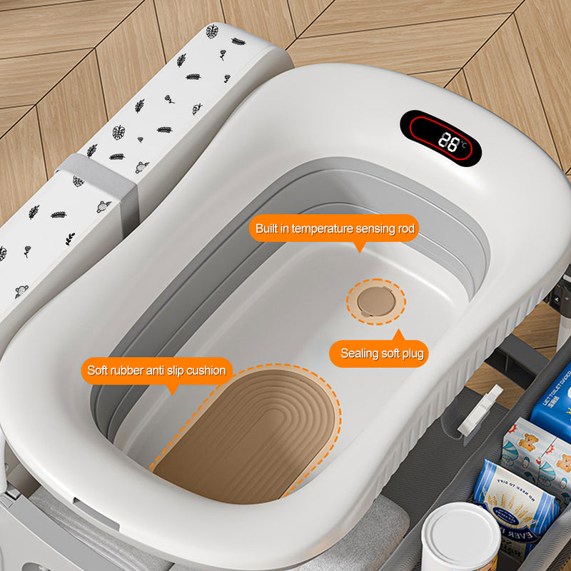 2-in-1 Baby Changing Table & Bath Tub Foldable with Storage Wheels Smart Temp Display Safety Belt Multifunctional Newborn Changing Table
