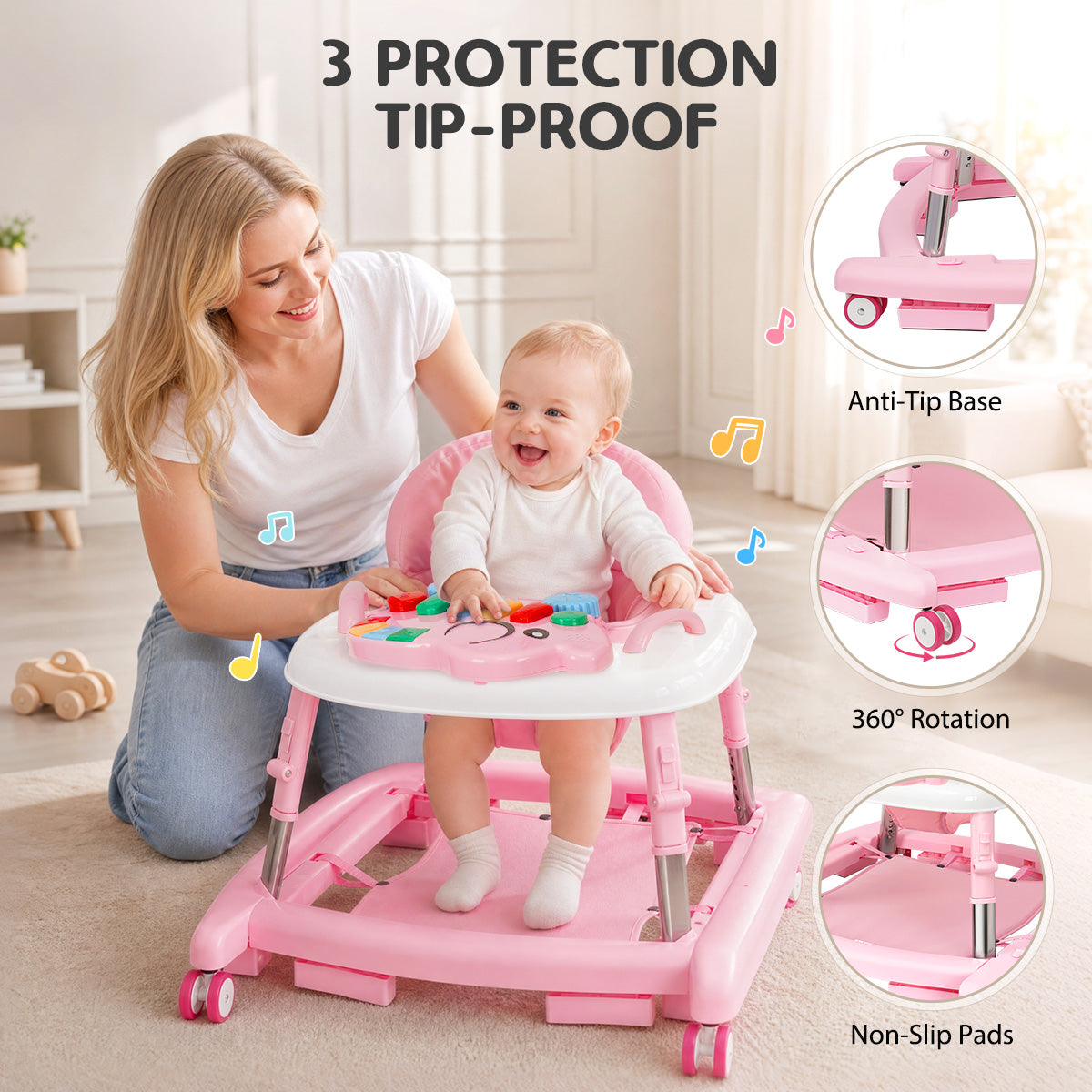 5-in-1 Music and Lights Baby Walker Foldable with 5 Adjustable Heights, Baby Walker with Wheels and Bouncer Combo Portable, Infant Toddler Walker for Baby Boy Girls 6-18 Months