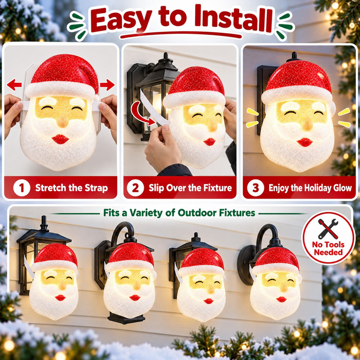 2 Pack Santa Christmas Porch Light Covers with Elastic Straps, Outdoor Holiday Decorations