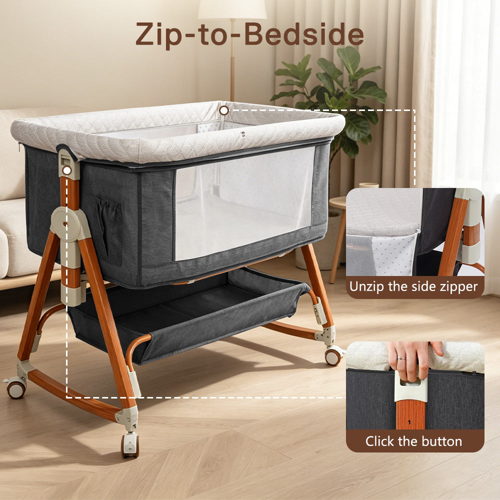 Baby Bassinet, Crib for Infant and Newborn, Bedside Sleeper with Storage Basket and Mosquito Net, Easy to Fold, Height Adjustable, Portable Side Bed Crib