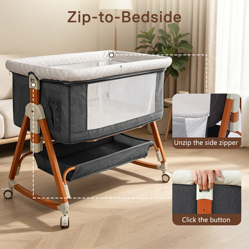 Baby Bassinet, Crib for Infant and Newborn, Bedside Sleeper with Storage Basket and Mosquito Net, Easy to Fold, Height Adjustable, Portable Side Bed Crib