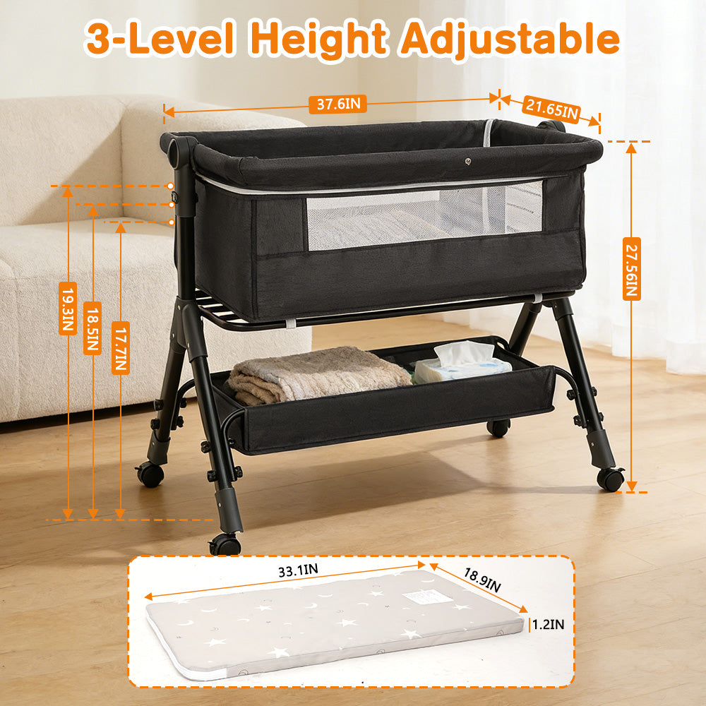 Baby Bassinet Sleeper, Adjustable Baby Crib for Baby, Rocking Bassinets Bedside Sleeper, Easy to Fold Portable Crib Side Bassinet with Breathable Mesh and Wheels