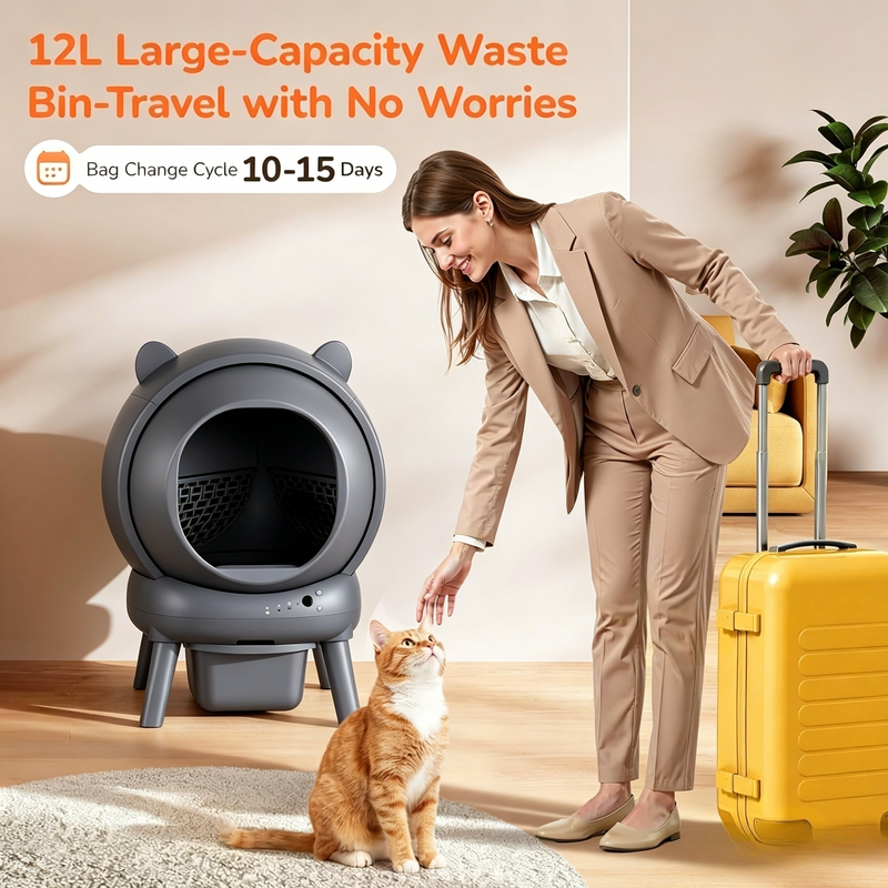 Automatic Litter Box for Multiple Cats, Large Capacity Self Cleaning Litter Box with App Control, Odor & Noise Control, Dual Safety Sensors, Easy Maintenance with 2 Roll Garbage Bags, Gray