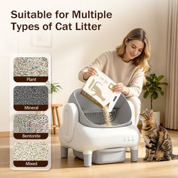 Automatic Litter Box,Open Top Self Cleaning Litter Box with App Control for Multiple Cats, Safety Sensors Protection, Odor Control Includes 2 roll Liners,Large Waste Bin, Cream White