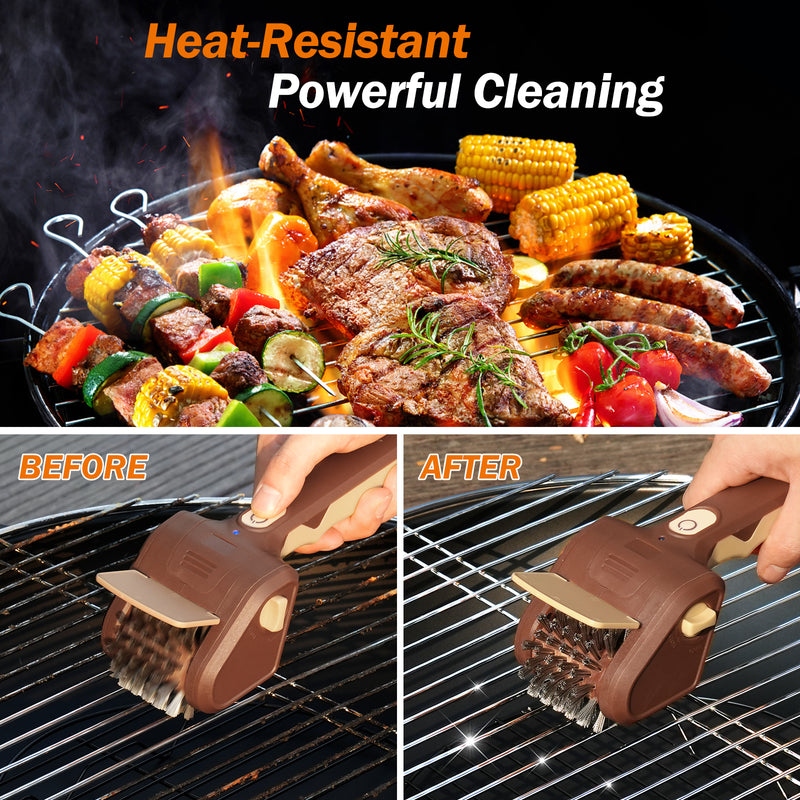 BBQ Grill Brush for Outdoor Grill, Cordless Electric Grill Cleaner, Rechargeable Grill Cleaning Stainless Steel Brush, Grill Scraper, BBQ Accessories Brown