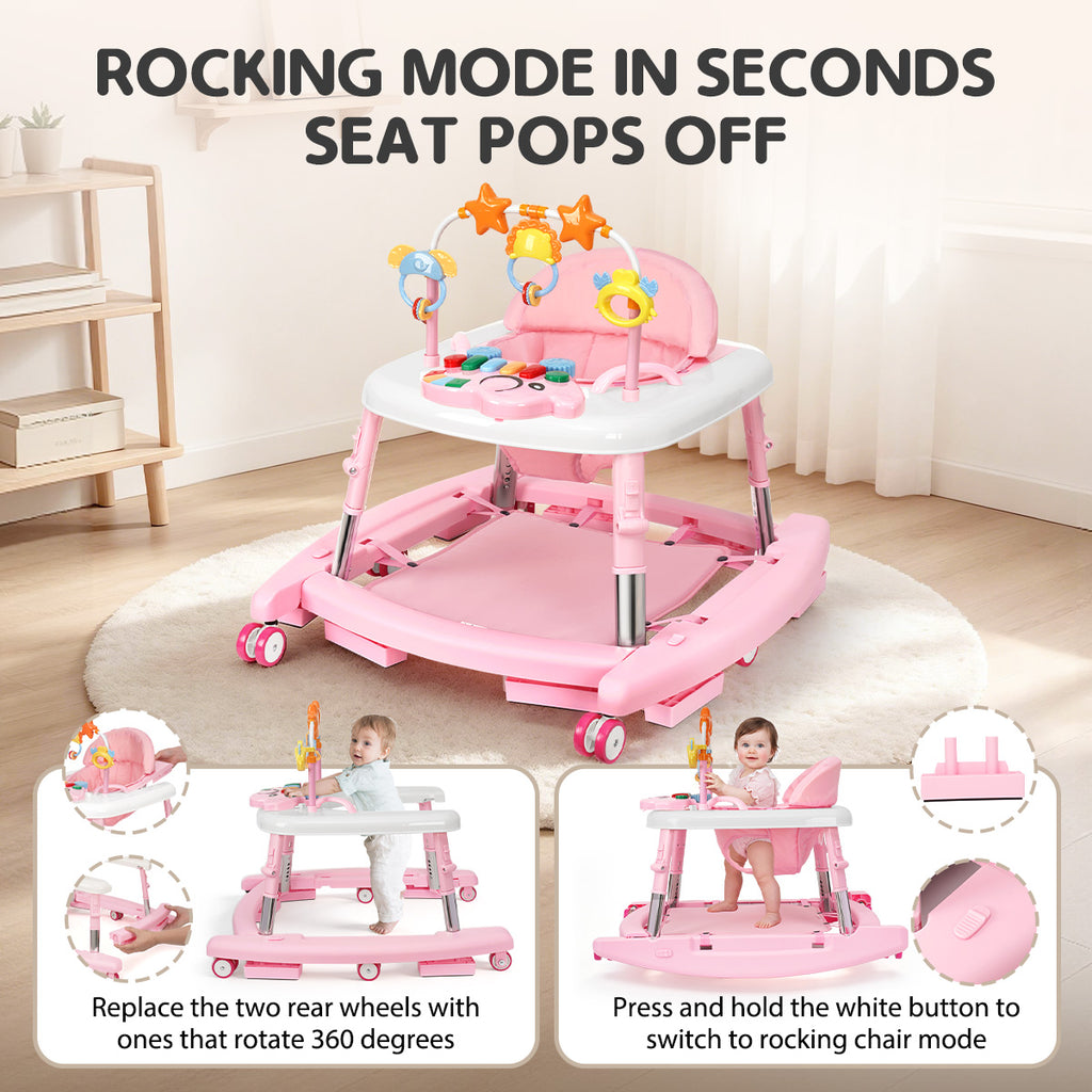 5-in-1 Music and Lights Baby Walker Foldable with 5 Adjustable Heights, Baby Walker with Wheels and Bouncer Combo Portable, Infant Toddler Walker for Baby Boy Girls 6-18 Months