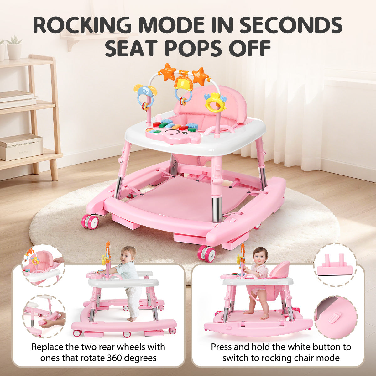 5-in-1 Music and Lights Baby Walker Foldable with 5 Adjustable Heights, Baby Walker with Wheels and Bouncer Combo Portable, Infant Toddler Walker for Baby Boy Girls 6-18 Months