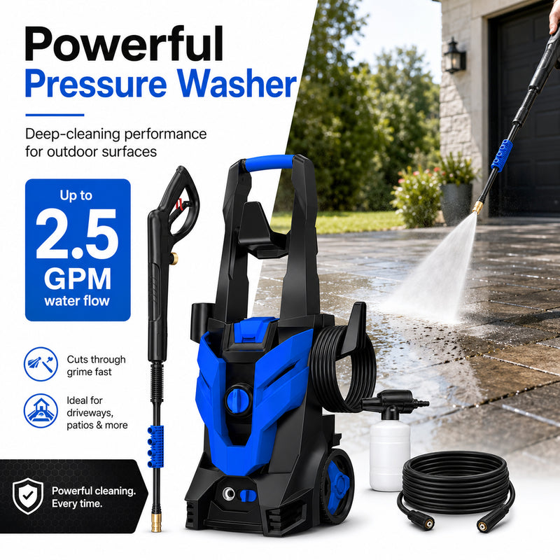 Portable Electric Pressure Washer with 4 Quick-Connect Nozzles, Foam Cannon, Hose & Wheels