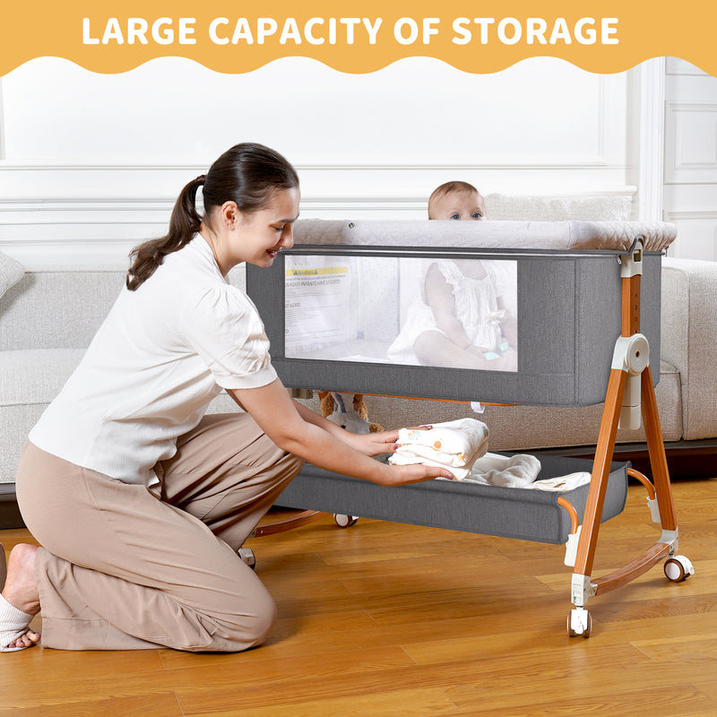 Baby Bassinet Bedside Sleeper, 6 Heights, Cradle Mode, Wheels, Foldable Crib with Mattress