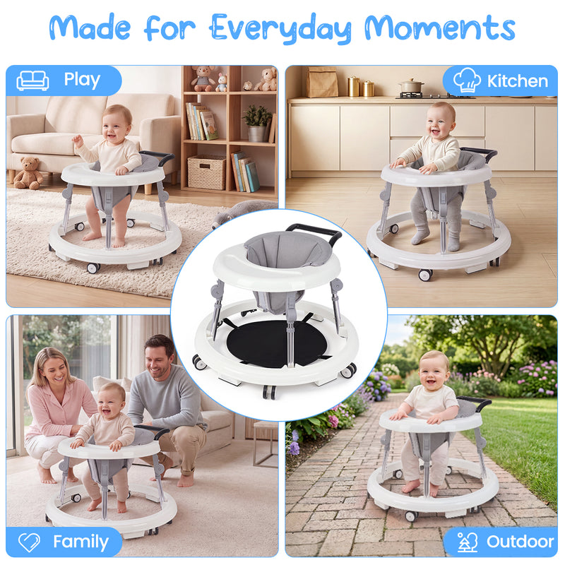 Baby Walker Foldable with 9 Adjustable Heights, Baby Walkers and Activity Center for Girls Boys Babies 7-18 Months, Baby Walker with Wheels Portable Anti-Rollover