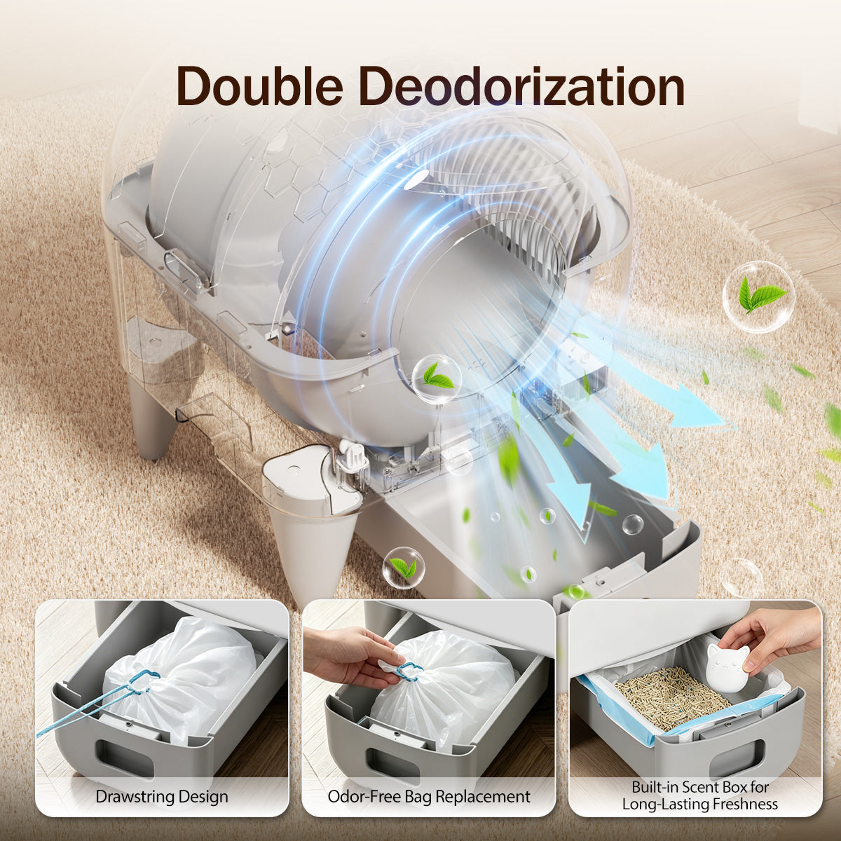 Self Cleaning Litter Box,95L Automatic Cat Litter Box Self Cleaning Large Capacity for Multiple Cats, App-Controlled with Safety Sensors, Removable Washable Liner,2 Rolls Garbage Bags,Grey