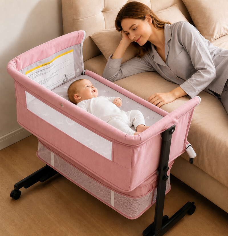 Baby Bassinet Sleeper, 6 Height Adjustable Cribs, Easy to Fold Portable Crib Side Bassinet, Swing Cradle Bed Side Sleeper with Ventilated NetWith Wheels