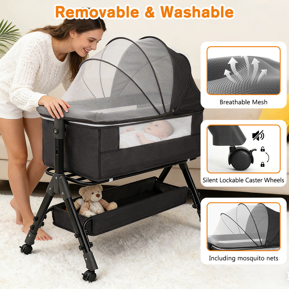 Baby Bassinet Sleeper, Adjustable Baby Crib for Baby, Rocking Bassinets Bedside Sleeper, Easy to Fold Portable Crib Side Bassinet with Breathable Mesh and Wheels