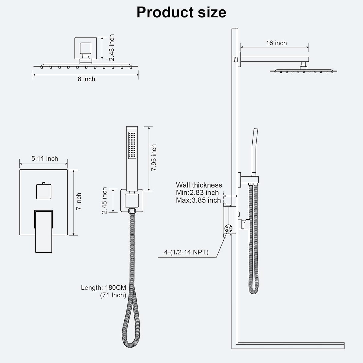 Rainfall Shower System with Handheld Shower Head Pressure Balance Valve and Metal Trim Kit
