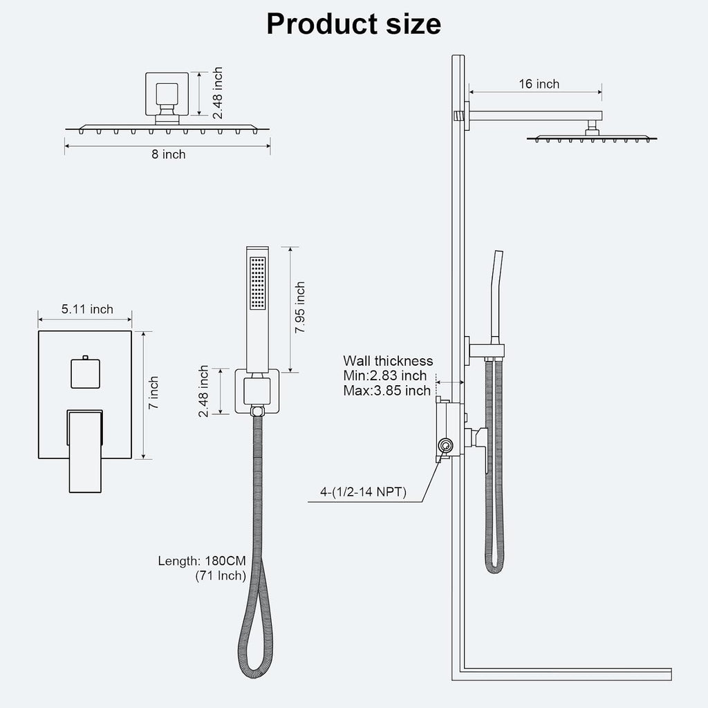 Rainfall Shower System with Handheld Shower Head Pressure Balance Valve and Metal Trim Kit