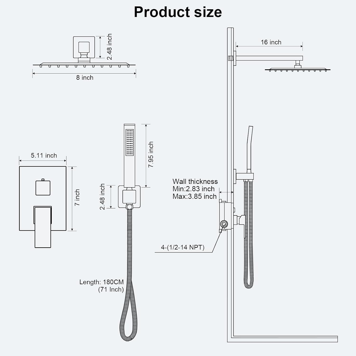 Rainfall Shower System with Handheld Shower Head Pressure Balance Valve and Metal Trim Kit