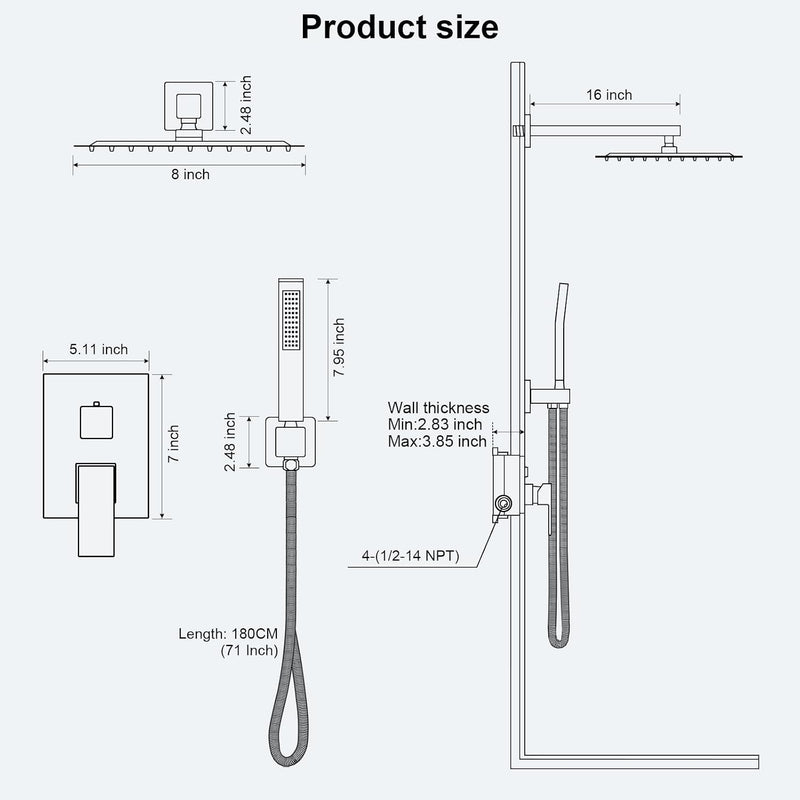 Rainfall Shower System with Handheld Shower Head Pressure Balance Valve and Metal Trim Kit