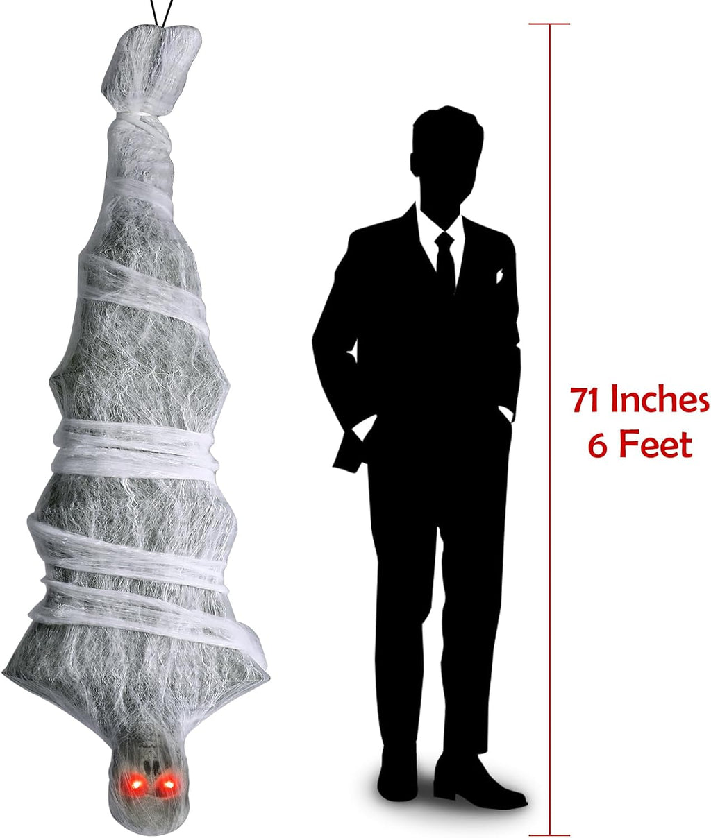 72" Hanging Cocoon Corpse Halloween Decoration with Sound-Activated Scream and Red LED Eyes
