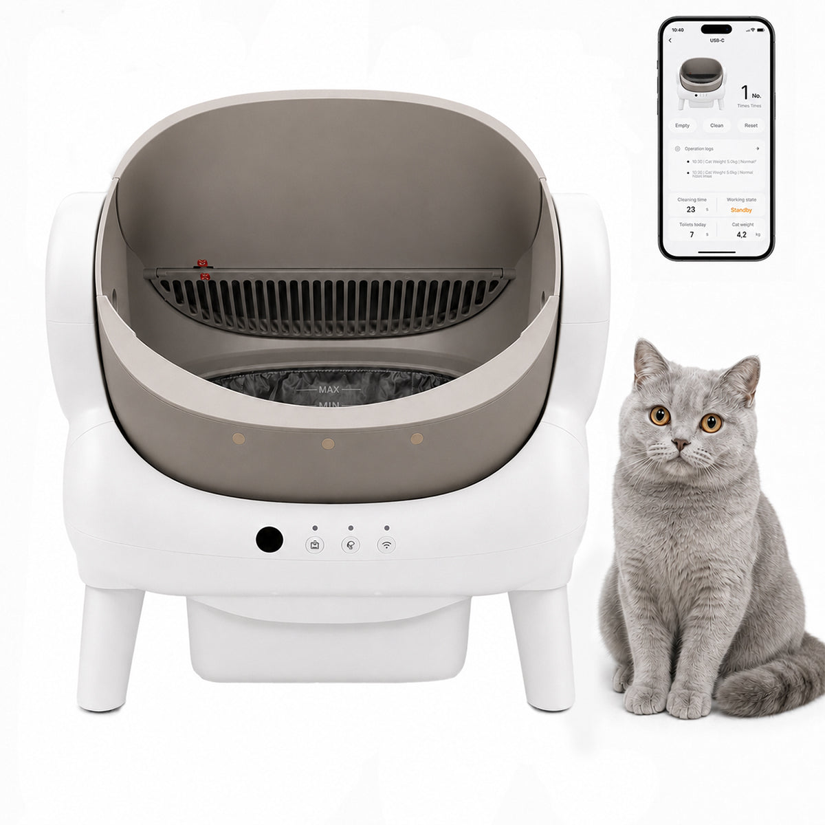 Open Top Self Cleaning Cat Litter Box with App Control, Safety Sensors and Odor Control