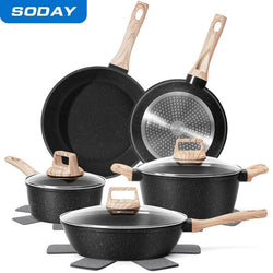 SODAY 12pcs Pots and Pans Set Non Stick Kitchen Cookware Sets Induction Cookware Nonstick Granite Cooking Set with Frying Pans, Saucepans