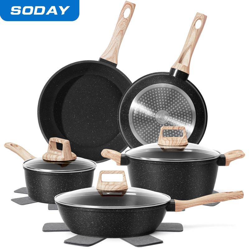 SODAY 12pcs Pots and Pans Set Non Stick Kitchen Cookware Sets Induction Cookware Nonstick Granite Cooking Set with Frying Pans, Saucepans