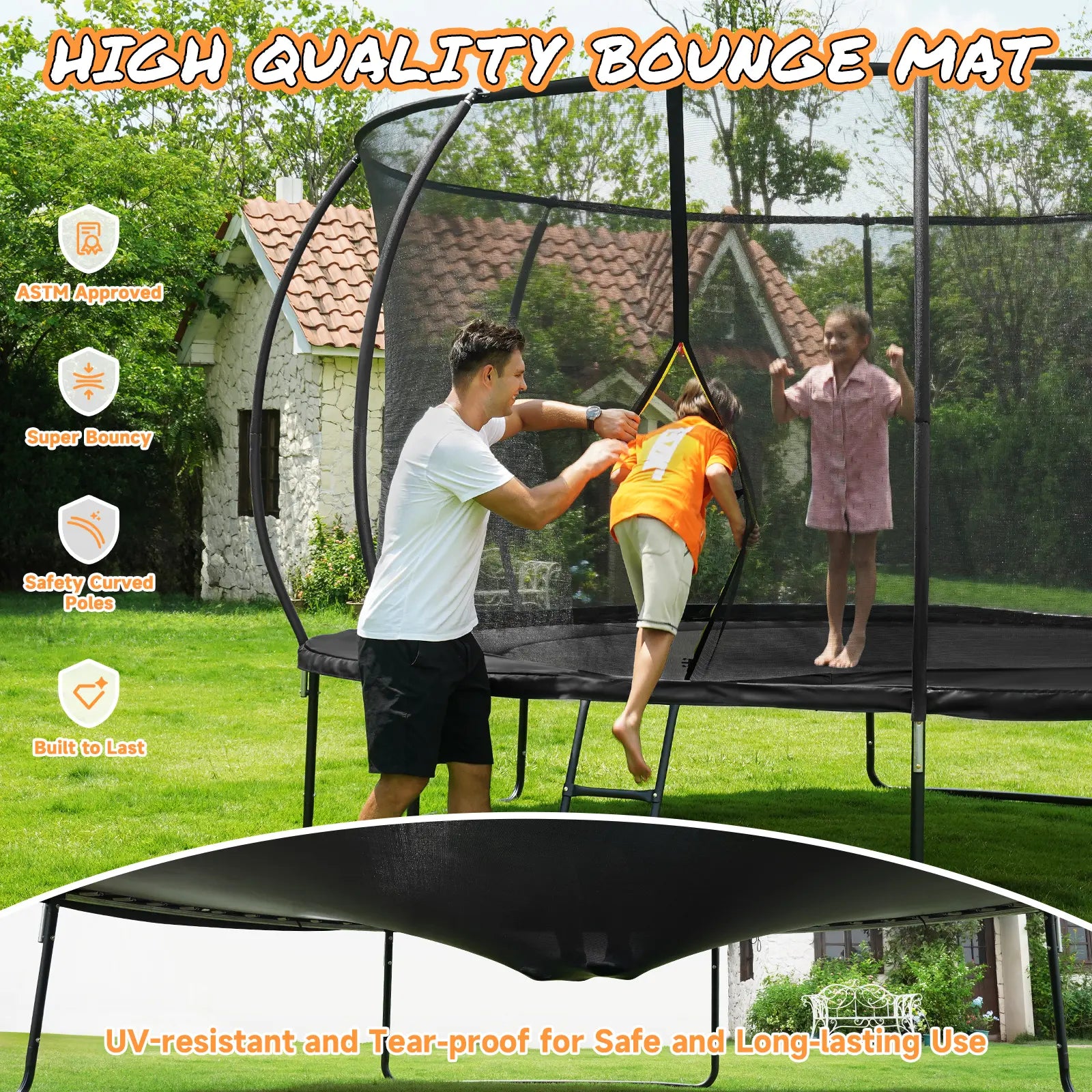 Outdoor Trampoline with Enclosure Net, ASTM & CPSIA Certified Heavy-Duty Backyard Trampoline for Kids