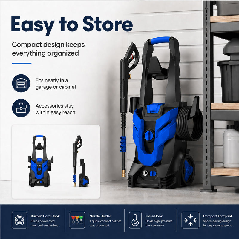 Portable Electric Pressure Washer with 4 Quick-Connect Nozzles, Foam Cannon, Hose & Wheels
