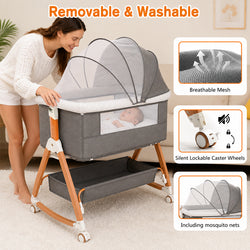 Baby Bassinet, 3 in 1 Bedside Bassinets for Baby, Bassinet Bedside Sleeper with Wheels, Adjustable Height with Rocking Mode, Breathable Mesh, Storage Basket, Easy Assemble & Folding