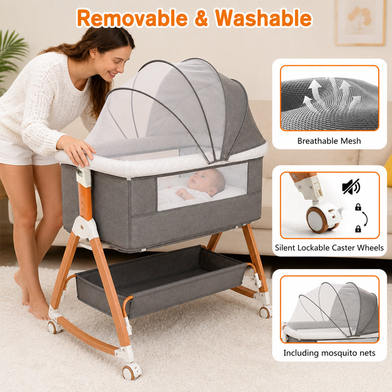 Baby Bassinet, 3 in 1 Bedside Bassinets for Baby, Bassinet Bedside Sleeper with Wheels, Adjustable Height with Rocking Mode, Breathable Mesh, Storage Basket, Easy Assemble & Folding