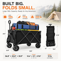Heavy Duty Wagons Carts Foldable, Collapsible Wagon with Big Wheels for Sand & Cup Holders for Camping Garden Sports Grocery
