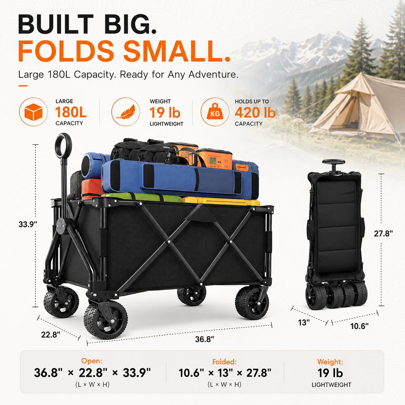 Heavy Duty Wagons Carts Foldable, Collapsible Wagon with Big Wheels for Sand & Cup Holders for Camping Garden Sports Grocery