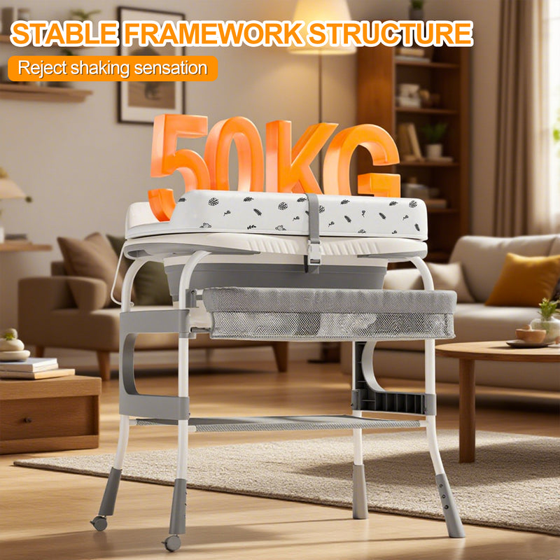 2-in-1 Baby Changing Table & Bath Tub Foldable with Storage Wheels Smart Temp Display Safety Belt Multifunctional Newborn Changing Table