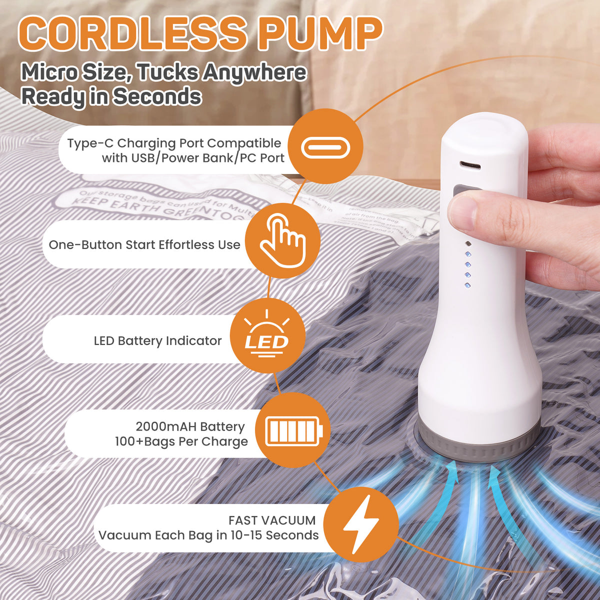 15 Pack Vacuum Storage Bags for Travel with Cordless Pump