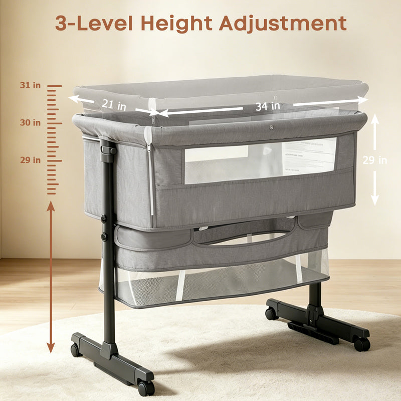 Kmaier Baby Bassinet 3 in 1 Foldable Portable Crib,6 Adjustable Height,with Wheels,Baby Bassinet Rocking-Dark Grey