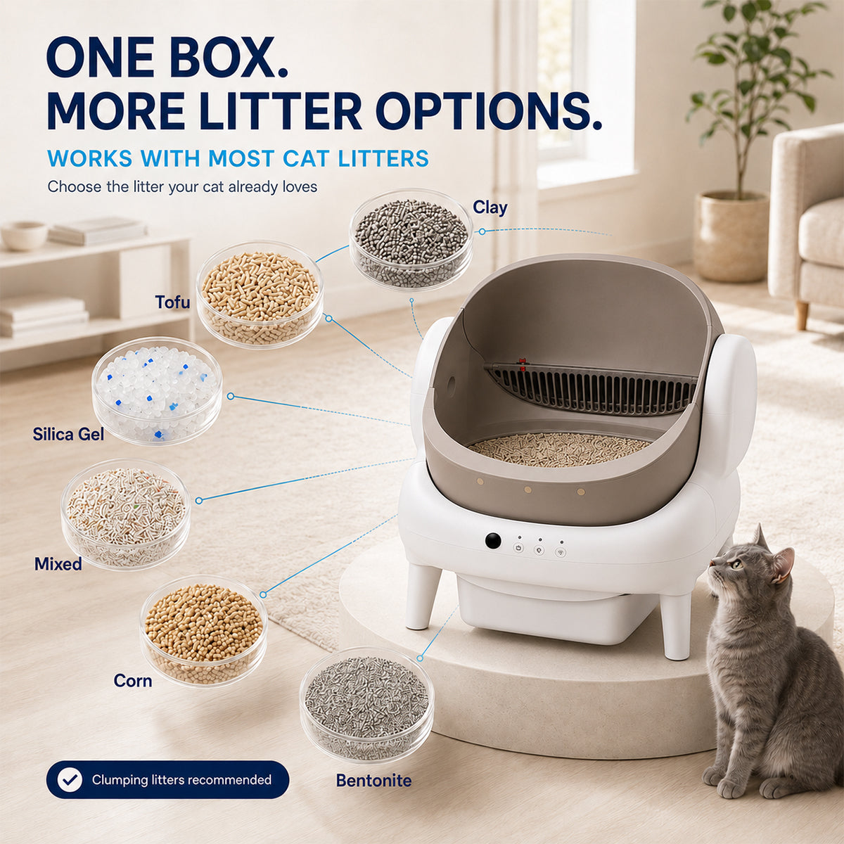 Open Top Self Cleaning Cat Litter Box with App Control, Safety Sensors and Odor Control