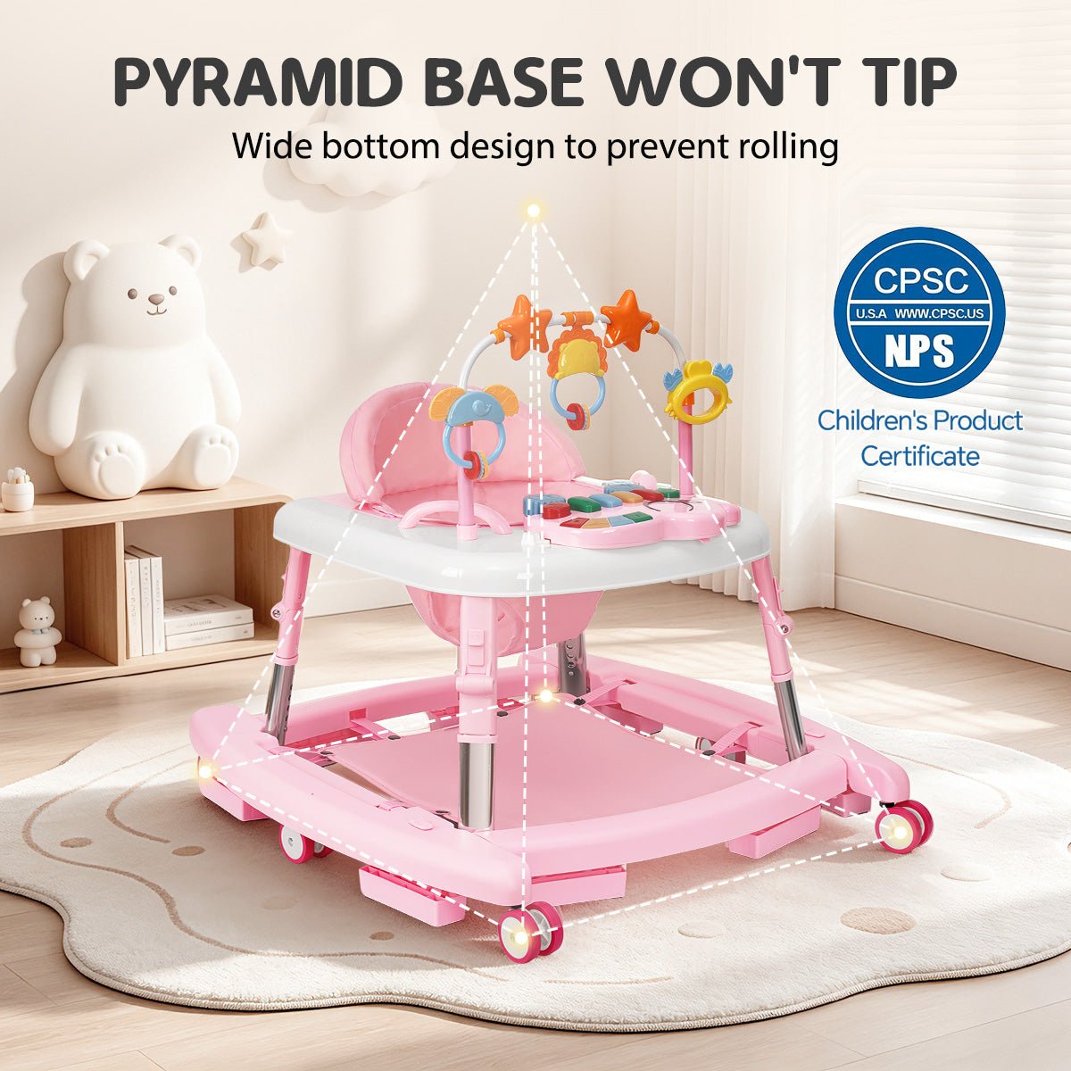 5-in-1 Music and Lights Baby Walker Foldable with 5 Adjustable Heights, Baby Walker with Wheels and Bouncer Combo Portable, Infant Toddler Walker for Baby Boy Girls 6-18 Months