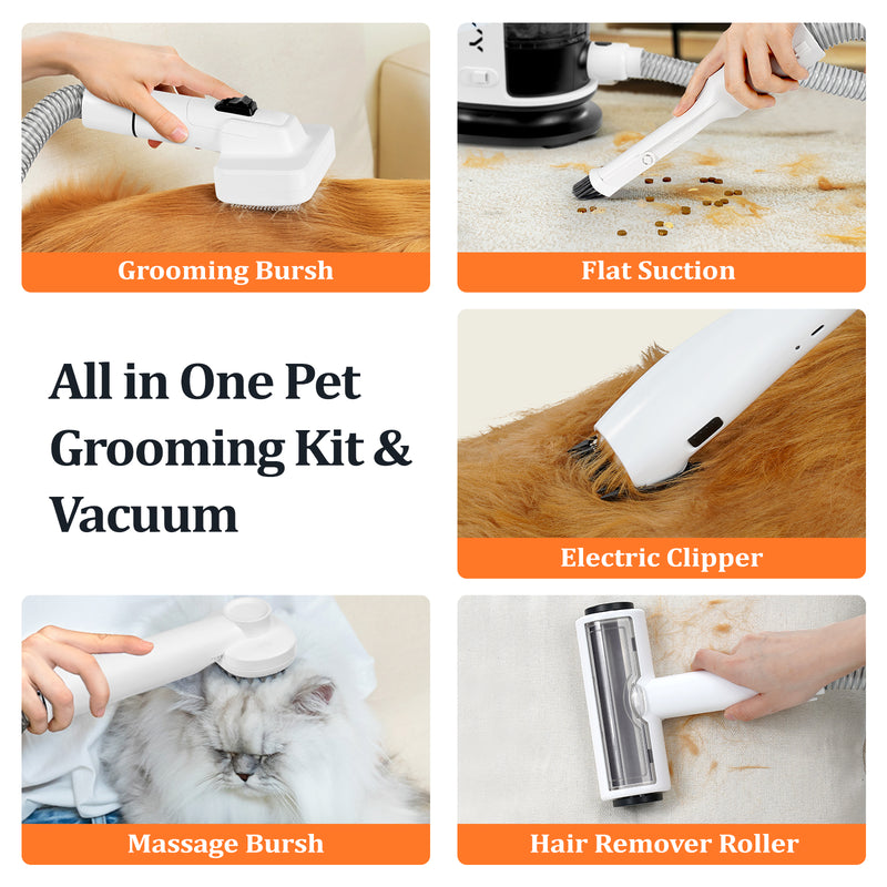 Pet Grooming Vacuum Kit with Grooming Brush, Deshedding Tool, Electric Clipper, Cleaning Brush and Flexible Hose for Dogs and Cats