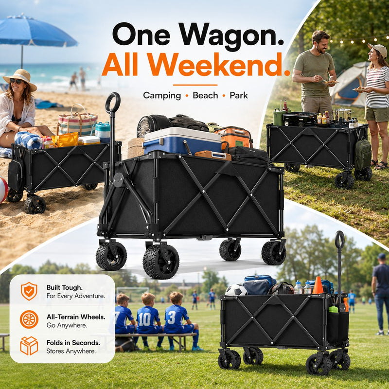 Heavy Duty Wagons Carts Foldable, Collapsible Wagon with Big Wheels for Sand & Cup Holders for Camping Garden Sports Grocery